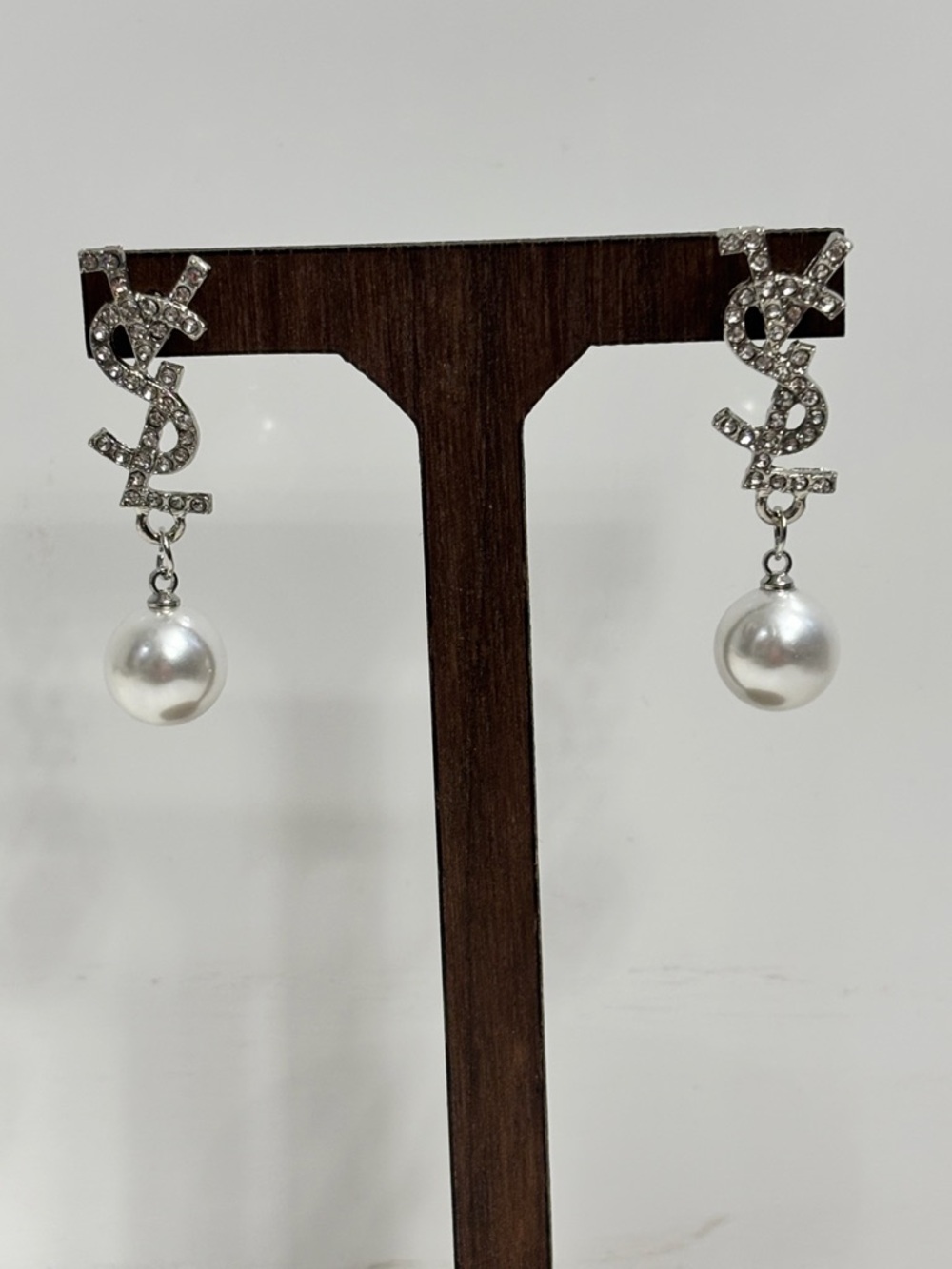 Pearl Drop Crystal Logo-Inspired Dangle Earrings - Silver or Gold Tone